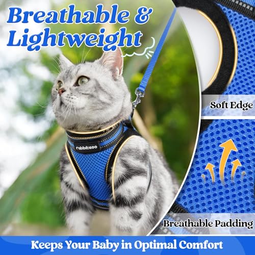 Image of rabbitgoo Cat Harness and Leash Set, Step-in Soft Vest, Blue | Escape Proof, Lightweight, Easy-on & Adjustable, Hook & Loop with Buckle, Reflective, for Kittens & Small Cats Walks, S