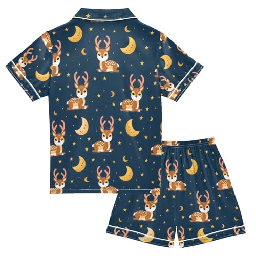 ALAZA Deer Moon Star Blue Pajamas Satin Pajama Set Short Sleeve Button Down Sleepwear2