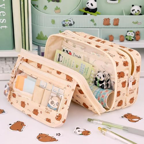 Image of Pencil Pouch for Girls - Aesthetic Multi-Compartment Zipper Pouch with Drawstring Pocket, Cute Kawaii Pencil Case, Stylish Stationery Pouch, Return Gift for Kids & School Use (Hello Capy)
