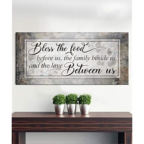 Sense Of Art| Bless The Food Sign | Family wall decor| Dining room decor| Large wall décor| Kitchen sign| Canvas wall art| Christian wall decor (Grey, 42x19) (Brown, 42x19)… Cover