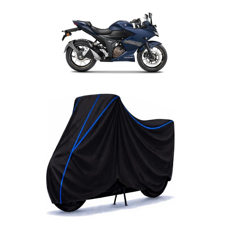 Image of Suzuki Gixxer SF 250 Bike Cover Water Resistant Universal Motorcycle Rain | Heavy Duty UV Protection, Dust, Scratch Indoor Outdoor All Weather with Black Blue Piping Elastic