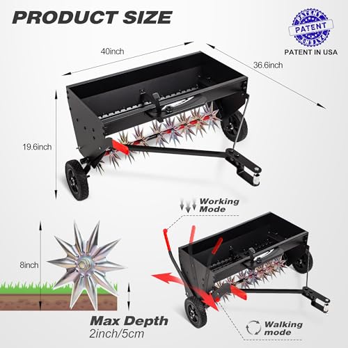 Suchtale Upgrade 40-Inch Tow Behind Spiker Seeder,Combination Tow Spike Aerator,Broadcast Spreader,Steel Hopper Lawn Drop Seed Fertilizer and Spreader,Lawn Soil Aerator Spikes Tractor