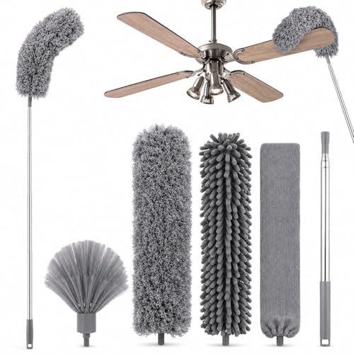 Image of Dishmatic 4 in 1 Long Handle Microfiber Feather Ceiling Duster with Extendable Pole 30-100 Inch with Anti Scratch Bendable Head for Cleaning High Cobweb Stick High Ceiling Fan - Stainless Steel