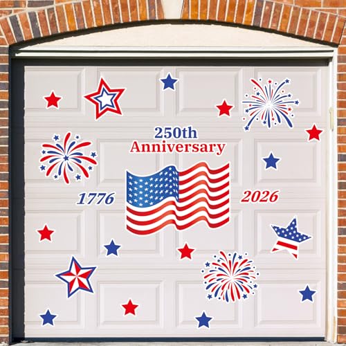 250th Anniversary 4th of July Garage Door Decoration Magnet 24Pcs Patriotic Garage Decals USA Flag Firework Star Magnitic Stickers for Independence Day Party Home Garage Door Refrigerator Car
