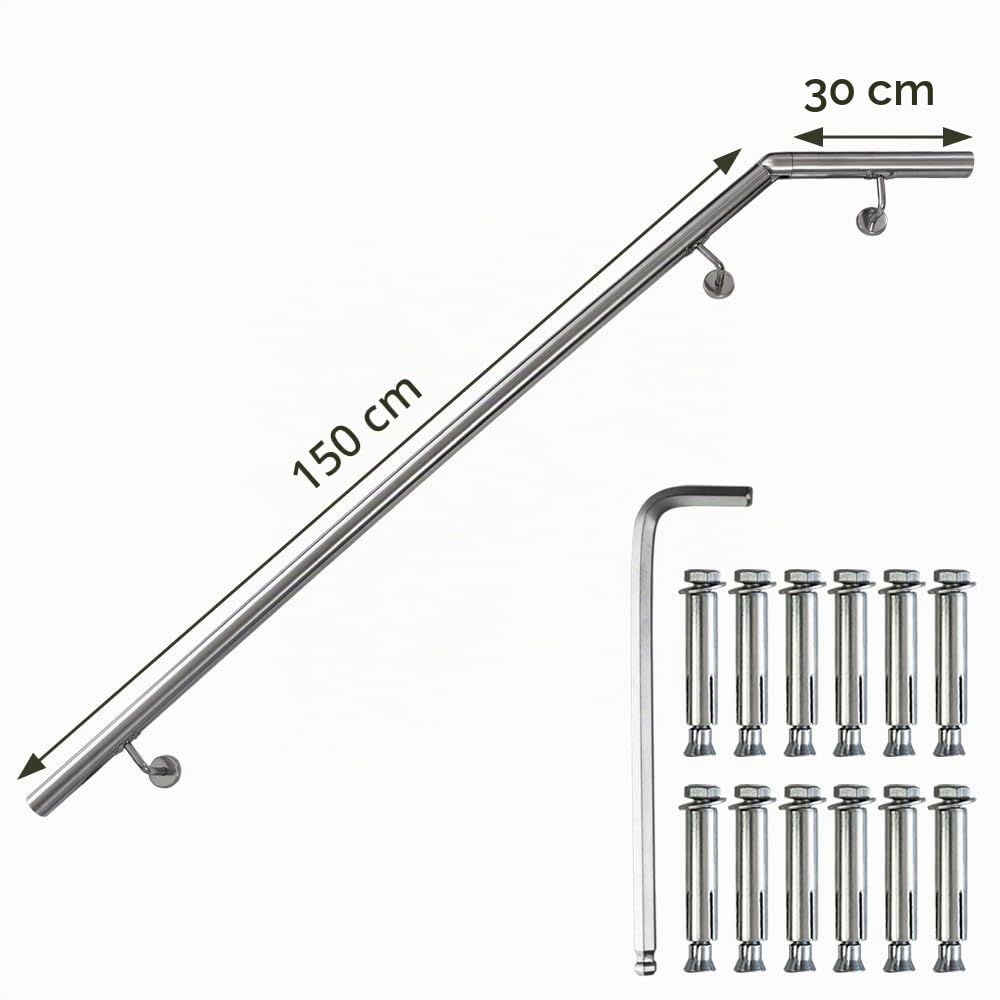 Handlauf aus Edelstahl mit Winkel 150 cm Gelenkverbinder Rohrverbinder Treppengeländer Geländer für Treppe 4,2 cm Wandhandlauf Wand Treppe V2Aox