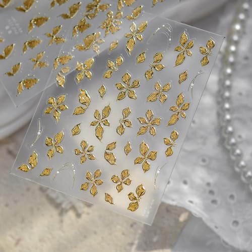 Image of Gold Flower Nail Stickers for Nails Art 5D Embossed Nail Decals with Design Golden Floral Nail Art Stickers Self Adhesive for Women Girls Manicure Charms Supply Decoration 1 Sheets