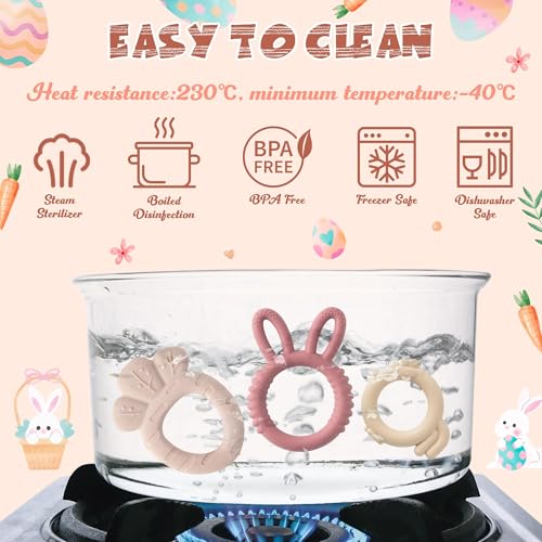 Image of Easter Silicone Teethers for Babies - 2ooya 2Pcs Bunny Chick Carrot Infant Teething Chew Toys, Toddler Sore Gums Pain Relief Toy for Newborn Boy and Girl Spring Easter Baby Shower Birthday Gifts