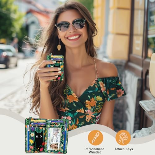 Image of Yonlevres Cat Credit Card Holder Slim RFID Wallet Women Small Travel Cute | Front Pocket, Handy, RFID Blocking, Woman Girls Ladies Gifts, D-ring for Keychain,Thin Mini Card Case, ID Window, PU Leather