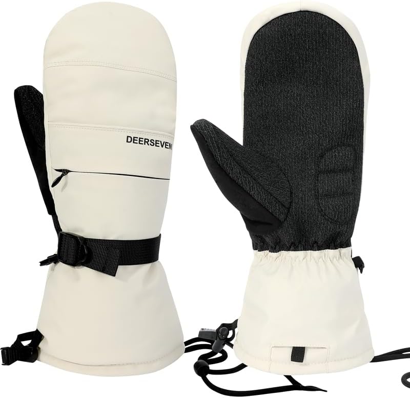 Harssidanzar Winter Snowboard Gloves Outdoor Insulated Windproof Fleece-Lined Waterproof Mittens For Men's(Built-in wrist guard) KM061US,Beige,Size L