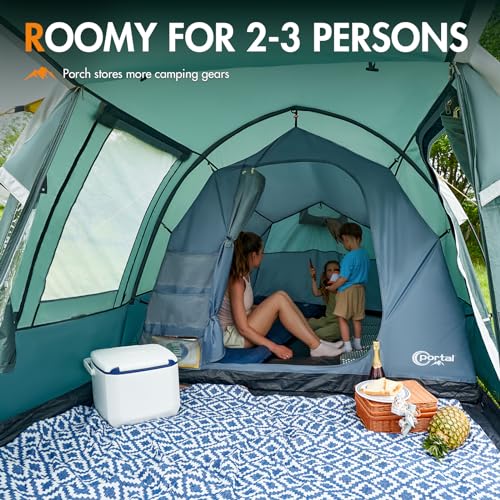 Portal 2-3 Man Tent Luxury 3000mm Waterproof with Porch Awning 3 Person Camping Tent with Sewn-in Groundsheet 2 Man with Bedroom Lightweight Tunnel for Festival Outdoor Hiking - Image 4