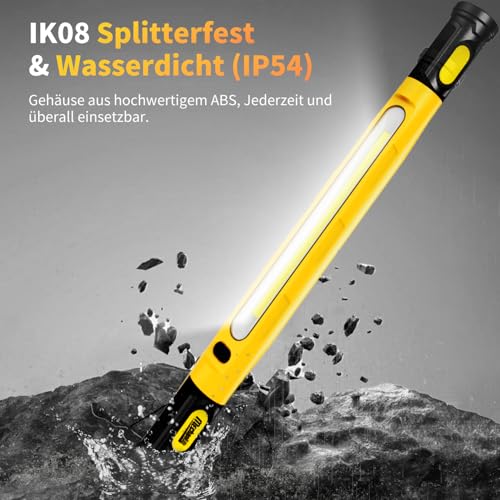 Werkstattlampe 3000LM mit 3 Farbtemperaturen,Arbeitsleuchte Led Akku mit Magnet & Haken, 5200mAh USB-C Schnellladung, IP54 Wasserdicht für Auto-Reparatur, Camping, Baustelle, Garage (Gelb)