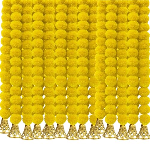 Best Navratri Home Decoration Items (2026) 11 Bindian Artificial Marigold Flower Garland with Hanging Bell, Yel...