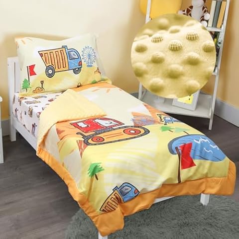 ACRABROS Toddler Bedding Set-4 Pieces Toddler Bedding Sets for Girls Boys Includes Comforter Fitted Sheet Flat Sheet and Reversible Pillowcase,Ultra Soft Toddler Bed Set,Construction Vehicle Cover