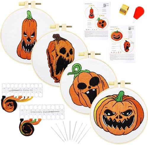 Halloween Pumpkin Embroidery Kits for Beginners Adults, Fall Hand Embroidery Needlepoint Kits, Autumn Stamped Cross Stitch Kits for Beginners Adults, 4 Set Embroidery Hoops (Attached Video Tutorial)