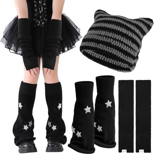 Jspupifip Y2K Accessories Set Include Star Leg Warmers Arm Warmers Vintage Grunge Cat Crochet Beanie Hats Retro Goth Stretchy Dance Accessories(Grey)