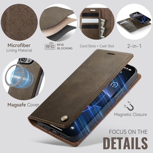 Image of Wallet Case for iPhone 13 Pro Compatible with Magsafe, 2-in-1 PU Leather Flip RFID Blocking Card Holder Stand Shockproof Magnetic Detachable Cover for iPhone 13 Pro Case 6.1 inch, Brown