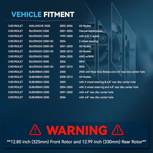 Image of Detroit Axle - Brake Kit for Chevrolet GMC Silverado Sierra 2500 3500 | 2500HD 3500HD Avalanche Suburban Yukon XL 2500, Drilled Brake Rotors Brake Pads Replacement 12.8 inch inch Front 12.99 inch inch Rear