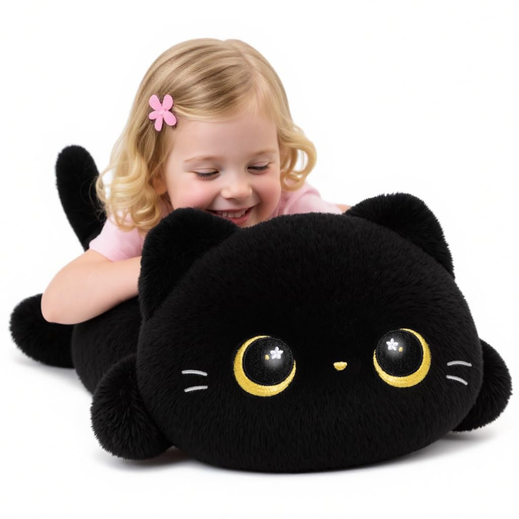 Simpatico cuscino di peluche per gatti neri Kawaii, gatto nero, peluche Squishy, cuscino in peluche per bambini e ragazze (20 pollici)