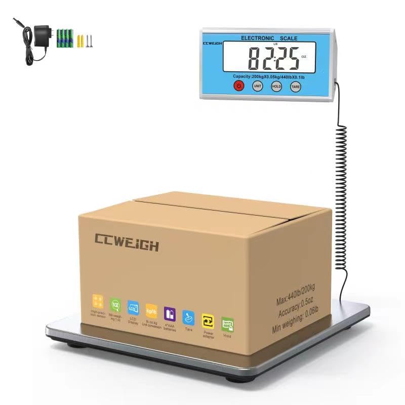 Digital Shipping Scale 440lb Capacity, High Precision Heavy Duty Postal Scale, Stainless Steel Platform with Hold/Tare Function, Package Luggage Post Office Home Use, Battery & AC/DC Powered