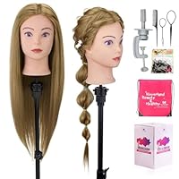 Neverland 28\" Hairdressing Head, 60% Real Human Hair Cosmetology Mannequin Head Manikin Doll Head with Table Clamp + DIY Hair Styling Tools Set (Gold)