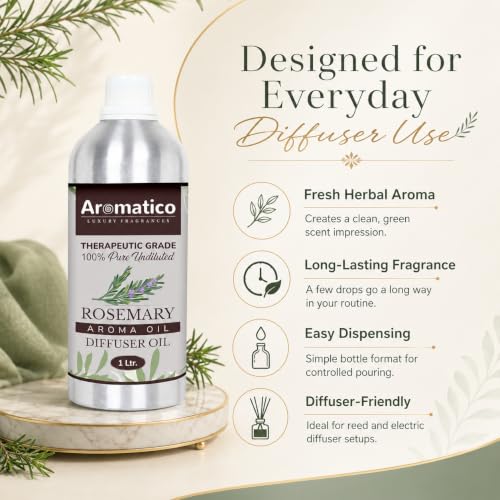 Image of AROMATICO Rosemary Diffuser Oil with Strong, Long-Lasting Aroma. Premium Aroma Oil for Homes, Offices & Showrooms. Aromatherapy, Diffusers, Air Purifiers, Vaporizers - 1 L(1000 ml)