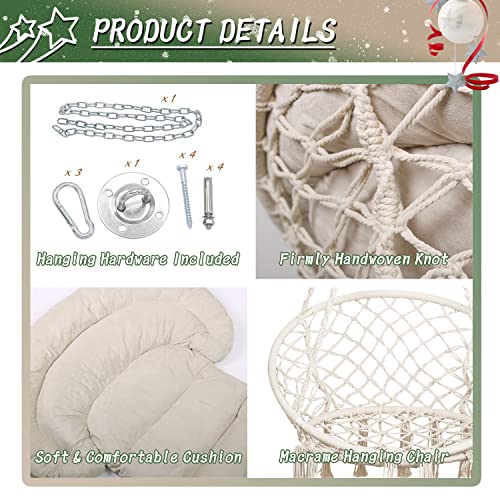 Image of Hammock Chair with Cushion, Handmade Macrame Swing Chair with Hanging Hardware Kits, Bohemian Style Cotton Rope Hanging Chair for Bedroom Indoor Outdoor, Beige