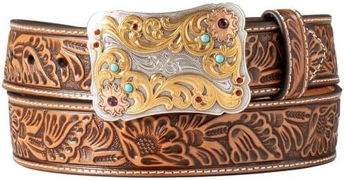 Nocona Belt Co. Women's Floral Embossed Scalloped Buckle Belt, Natural, Large