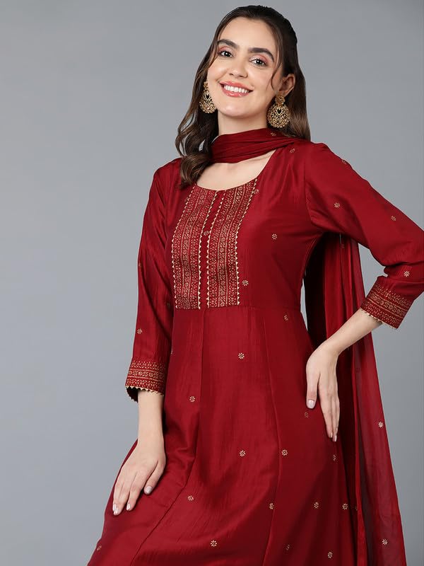 Image of Vaamsi Women's Silk Blend Yoke Design Solid Flared Kurta Pant With Dupatta