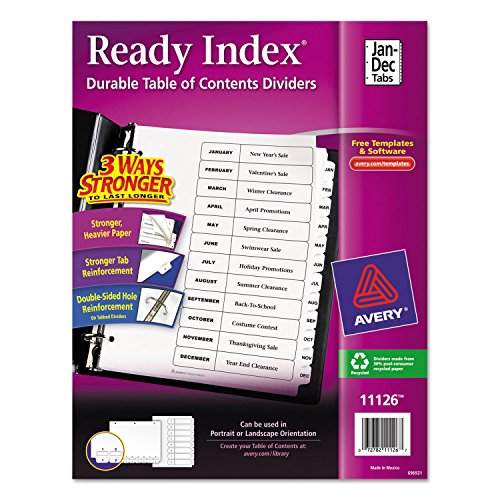 Avery 11126 Ready Index Customizable Table of Contents Black & White Dividers, 12-Tab, LTR