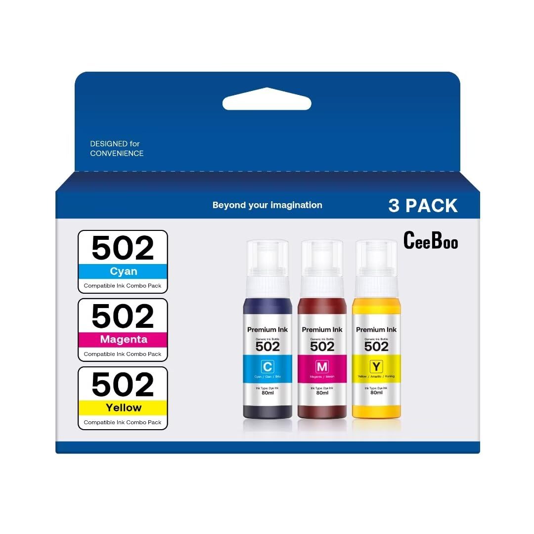 CEEBOO502 Refill Ink Bottle Replacement for Epson 502 Ink Refill Bottles (Not Sublimation Ink), 1 Cyan 80 mL, 1 Magenta 80 mL,1 Yellow 80 mL, 3 Bottles