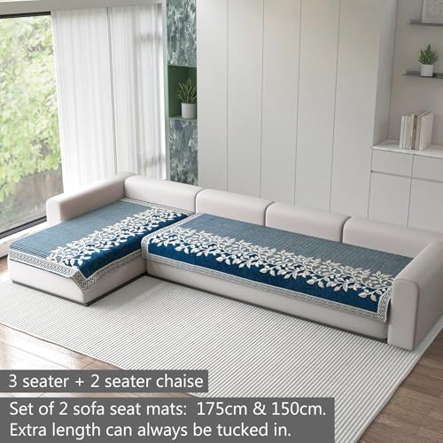 Image of Nendle Superior Velvet Floral Sofa Mat 5 Seater Set Durable Protector for Living Room Mat 3 Seater and 2 Seater, Suitable for L Shape, Sectional and U Shape Sofa (Blue, Pack of 2)