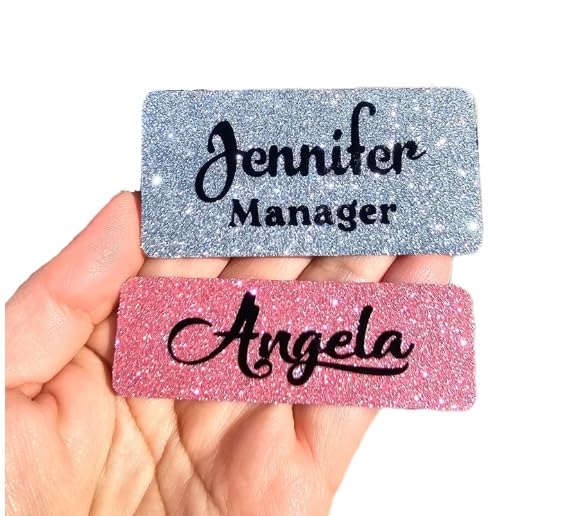 Custom Fine Glitter Name tag PIN or MAGNET work badge Gloss sealed sparkle personalized custom bling 1x3 or 1.5x3 gift nurse job (Red)