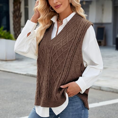 Blostirno Women's V Neck Sweater Vest Oversized Ribbed Sleeveless Cable Knit Pullover Loose Fit Split Hem Tops4