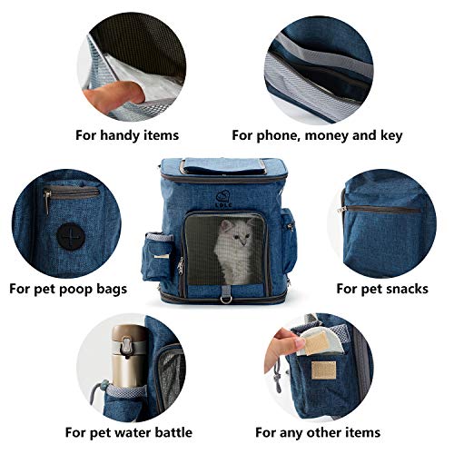 HIPIPET Pet Backpack Carrier for Cats Puppies Small Dogs and Animals Ventilated and Breathable with Treat and Botter Bags Airline Approved(Blue,S)