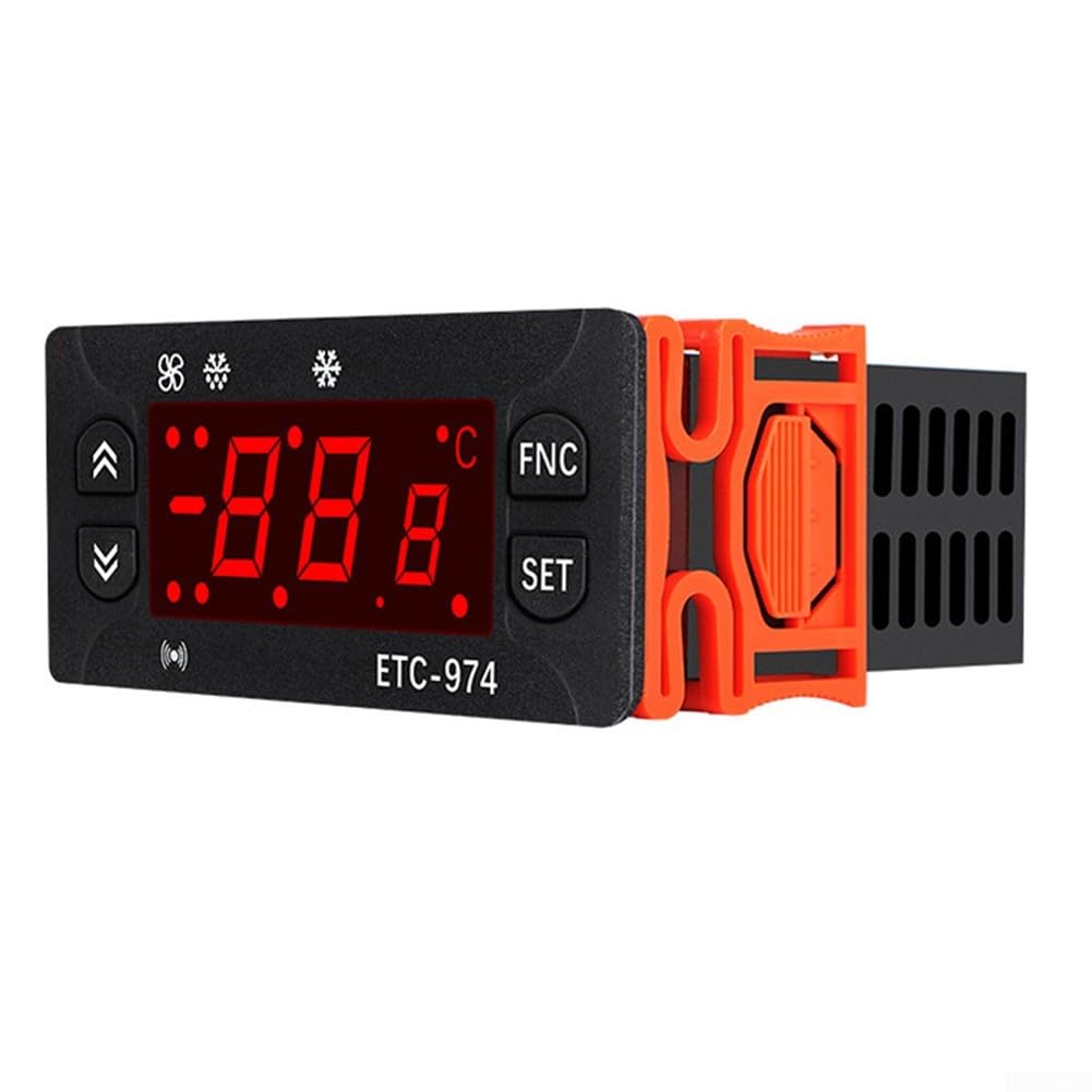 ETC-974 Régulateur de température pour équipement de refroidissement avec deux capteurs, fonction de dégivrage intégrée et alarme, fonctionne avec AC/DC 12V