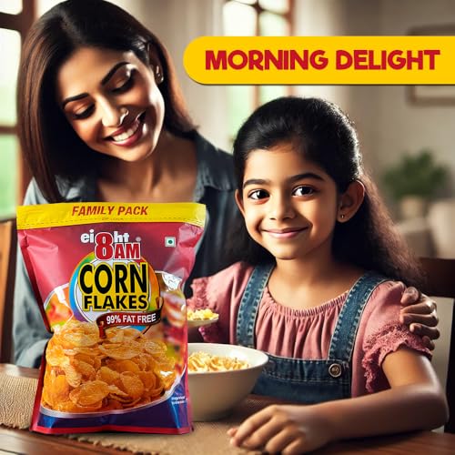 Image of 8AM Cornflakes Family Pack 1 Kg (Pack Of 2), 92% Corn, 99% Fat Free, No Cholesterol, Trans Fat, Vitamin B3 & Iron, Crunchy & Nutritious Whole Grain Breakfast Cereal