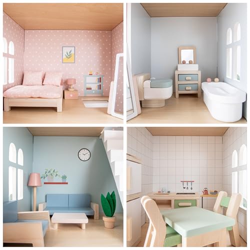 Woet® Grande Maison de poupées en Bois, 20 Meubles et Jardin – vue 5