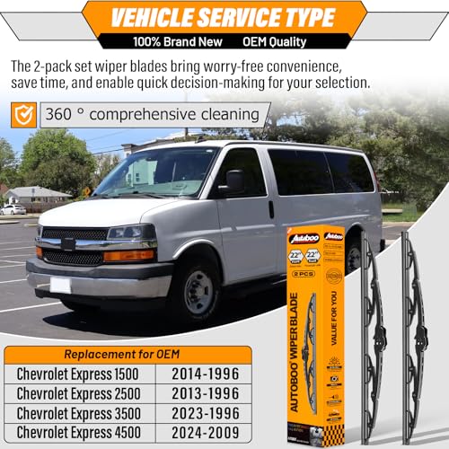 Image of AUTOBOO Windshield Wiper Blade Replacement for Chevy Express | Fits 1996-2024 Chevy Express 1500 /2500 /3500 /4500, 22 inch+22 inch, 2-pack, J /U hook, streak-free wipe, quiet performance
