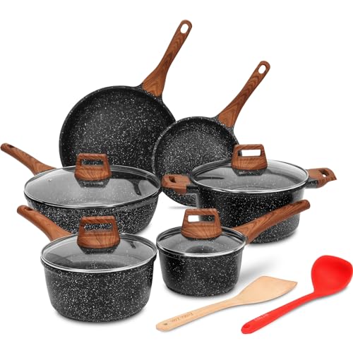 Comparison: Best Life Smile Granite Cookware 2 ESLITE LIFE Nonstick Cookware Sets, 12 Pcs Granite Coating Pots and Pans Set Kitchen Cooking Set, Compatible with All Stovetops (Gas, Electric & Induction), PFOA Free, Black