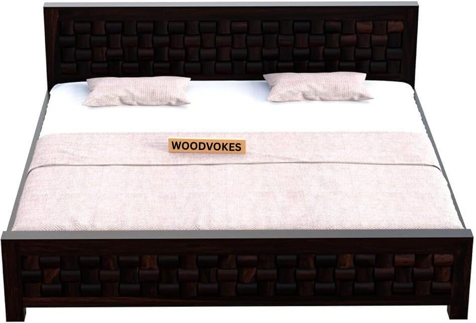 Image of Sheesham Wood Bed Without Storage Solid Wooden Cot Bed Elegant and Functional Bedroom Living Room Home (Dark Walnut, Queen)