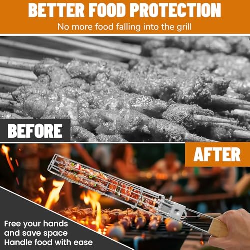 Image of Permafrost BBQ Grill Basket for Home (Pack of 1) Foldable Non-Stick Barbecue Grill with Wooden Handle Powder Coated Stainless Steel Mesh Tandoori Chicken & Vegetable Griller Portable Outdoor Barbeque Tool for Travel Camping & Cooking