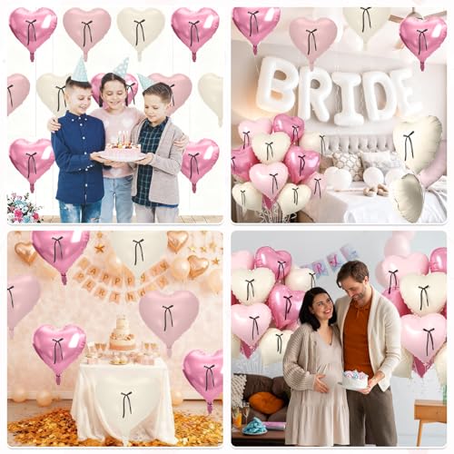 Image of Pink Heart Balloons, 10 Pcs Pastel Pink Cream Heart Shaped Balloon with Black Bow Ribbon, 18 Inch Pink Sand White Foil Balloons for Girls Women Brithday Baby Shower Wedding Valentines Party Decoration