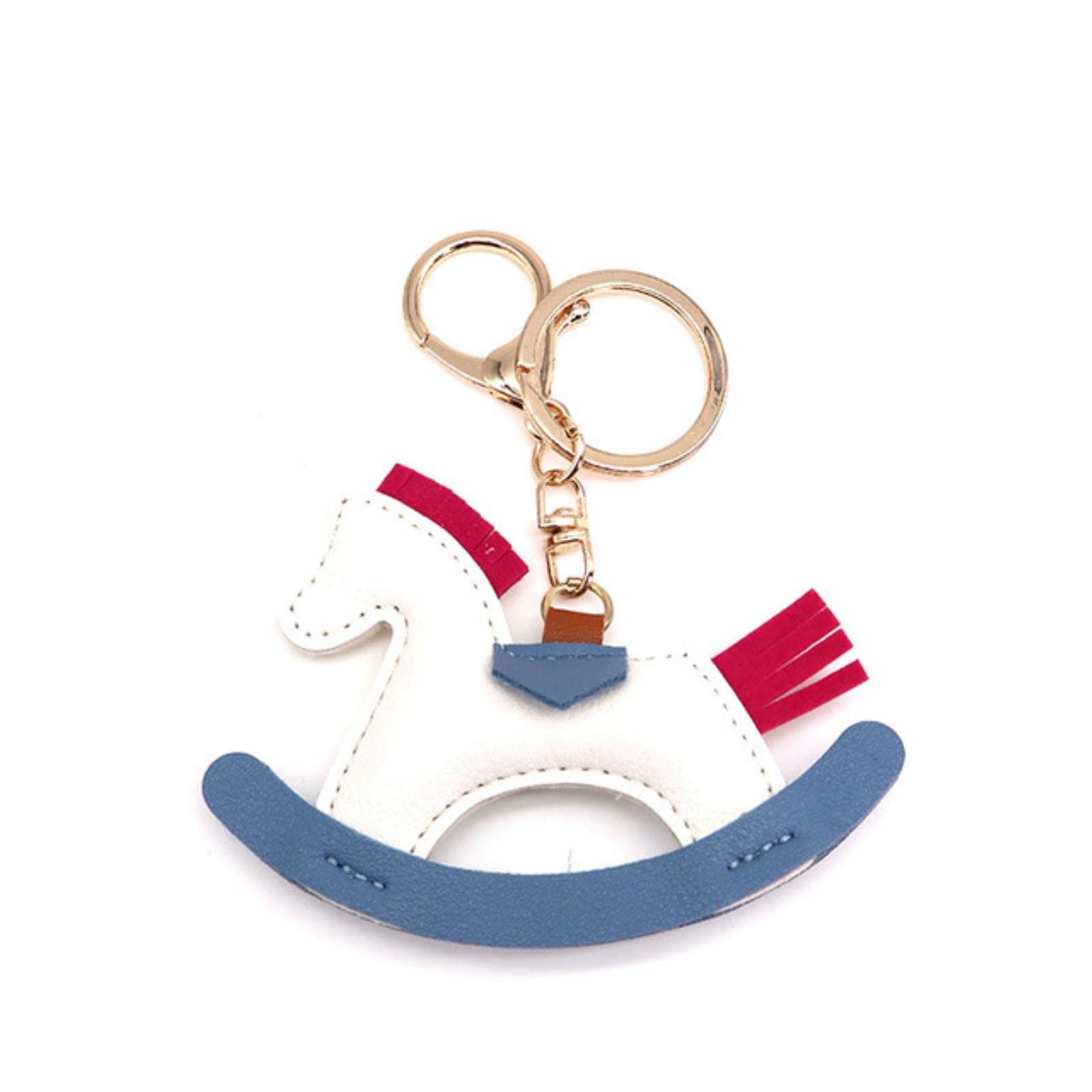 Jijiba Women's White Leather Charms Bag Pendant Keychain Cartoon Pony Rocking Horses Keyring Cute Animal Ornament Accessories Decoration Gift