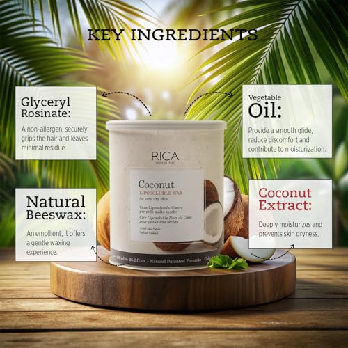 Image of Rica Coconut Liposoluble Painless Hair Removal Wax For Men & Women| Quick & Easy Tan Removal Waxing for Very Dry Skin| 800 ml, Pack of 1