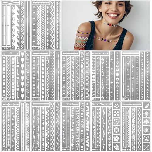 12 Sheets Temporary Tattoo Stencils, Armband Body Art Stencil Kit for Men Women Teens, Adhesive and Removable Hand Painting Tribal Patterns Templates