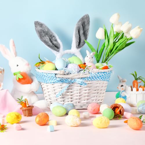 Image of SiliFine Easter Bunny Gift Basket Set Include Wicker Basket with Liner Gingham, Easter Bunny Headband, Easter Eggs, Raffia Paper Grass, Easter Gift for Party Favor Decoration(Blue)
