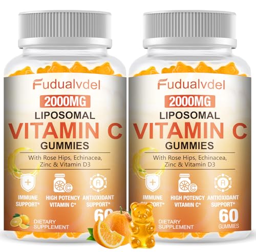 2 Pack 2000mg Liposomal Vitamin C Gummies for Adults & Kids Immune Support Antioxidant & Collagen Booster Complex with Rose HIPS 5000IU D3 Elderberry Echinacea Iron & Zinc Orange Flavor 120 Cts