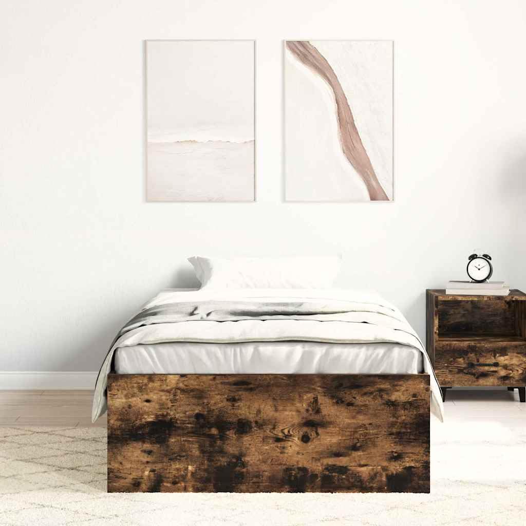 Nowoczesna rama łóżka, dąb wędzony, 90 x 190 cm, wytrzymała rama łóżka z 6 półkami, listwy ze sklejki, stabilna platforma podstawa materaca do sypialni, rozmiar Queen Size
