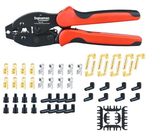 ENGINEMAN Spark Plug Wire Crimping Tool Kit Ratchet Spark Plug Crimper for Crimping and Stripping Plug 26PCS 180 /90 /Straight Spark Plug Coil Terminals and 24PCS Terminals Boots