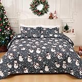 Invoibler Christmas Quilt Set Queen Size 3 Piece Snowman Snowflake Bedding Set Reversible Winter Snow Grey Plaid Holiday Quilt Xmas Bedspread Coverlet (1 Quilt, 2 Pillow Shams)